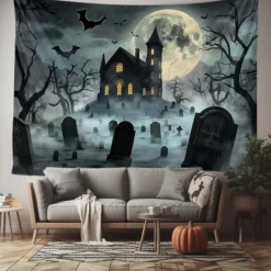 Halloween Haunted Graveyard Wall Tapestry – Full Moon with Flying Bats, Spooky Trees, Gothic Backdrop for 2025 Halloween Bedroom, Living Room, Horror Party Decoration
