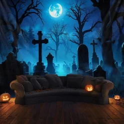 Halloween Haunted Graveyard Wall Tapestry – Full Moon with Flying Bats, Spooky Trees, Gothic Backdrop for 2025 Halloween Bedroom, Living Room, Horror Party Decoration