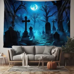Halloween Haunted Graveyard Wall Tapestry – Full Moon with Flying Bats, Spooky Trees, Gothic Backdrop for 2025 Halloween Bedroom, Living Room, Horror Party Decoration