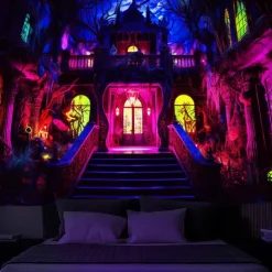 Halloween Haunted House Backdrop, 3D Archway Haunted Castle Entrance Wall Tapestry, UV Reactive Blacklight Wall Hanging, Glow in the Dark Spooky Mural for Living Room & Bedroom Wall art Decor