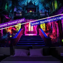 Halloween Haunted House Backdrop, 3D Archway Haunted Castle Entrance Wall Tapestry, UV Reactive Blacklight Wall Hanging, Glow in the Dark Spooky Mural for Living Room & Bedroom Wall art Decor