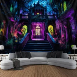 Halloween Haunted House Backdrop, 3D Archway Haunted Castle Entrance Wall Tapestry, UV Reactive Blacklight Wall Hanging, Glow in the Dark Spooky Mural for Living Room & Bedroom Wall art Decor