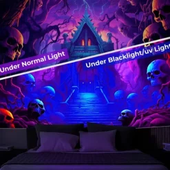 Halloween Haunted House Backdrop, 3D Archway Haunted Castle Entrance Wall Tapestry, UV Reactive Blacklight Wall Hanging, Glow in the Dark Spooky Mural for Living Room & Bedroom Wall art Decor