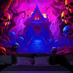 Halloween Haunted House Backdrop, 3D Archway Haunted Castle Entrance Wall Tapestry, UV Reactive Blacklight Wall Hanging, Glow in the Dark Spooky Mural for Living Room & Bedroom Wall art Decor