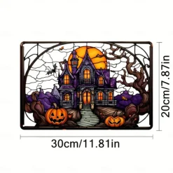 Halloween Haunted House Castle and Pumpkin Head Acrylic Wall Hanging - Spooky Home Decor for Windows, Doors, and Porch Walls