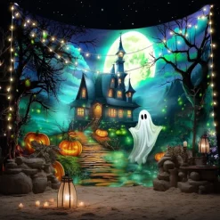 Halloween Haunted House Ghost Pumpkin Wall Tapestry – Spooky Full Moon Night Wall Hanging Background for Party, Bedroom, Living Room, 2025 Halloween Home Decoration
