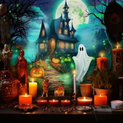 Halloween Haunted House Ghost Pumpkin Wall Tapestry – Spooky Full Moon Night Wall Hanging Background for Party, Bedroom, Living Room, 2025 Halloween Home Decoration