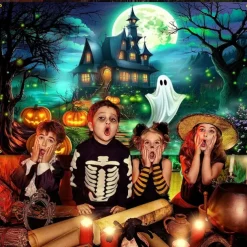Halloween Haunted House Ghost Pumpkin Wall Tapestry – Spooky Full Moon Night Wall Hanging Background for Party, Bedroom, Living Room, 2025 Halloween Home Decoration