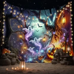 Halloween Haunted House Ghost Pumpkin Wall Tapestry – Spooky Full Moon Night Wall Hanging Background for Party, Bedroom, Living Room, 2025 Halloween Home Decoration