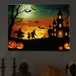 Halloween Haunted House Silhouette LED Canvas Wall Art - Battery Operated Lighted Wall Decor for 2025 Halloween home decoration light livingroom and bedroom