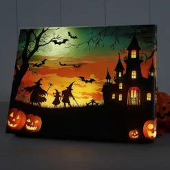 Halloween Haunted House Silhouette LED Canvas Wall Art - Battery Operated Lighted Wall Decor for 2025 Halloween home decoration light livingroom and bedroom