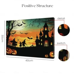 Halloween Haunted House Silhouette LED Canvas Wall Art - Battery Operated Lighted Wall Decor for 2025 Halloween home decoration light livingroom and bedroom