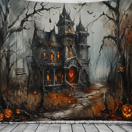 Halloween Haunted House Tapestry – Creepy Spooky Mansion Wall Art Backdrop, Large Hanging Mural Blanket Curtain for Home Bedroom Living Room 2025 Halloween Decoration