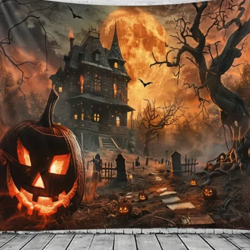 Halloween Haunted House Tapestry – Creepy Spooky Mansion Wall Art Backdrop, Large Hanging Mural Blanket Curtain for Home Bedroom Living Room 2025 Halloween Decoration