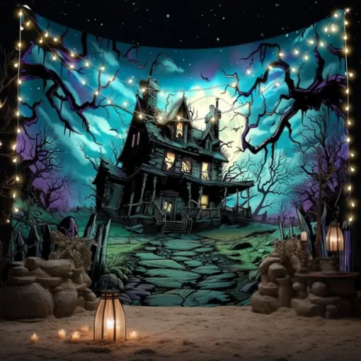 Halloween Haunted House Tapestry – Creepy Spooky Mansion Wall Art Backdrop, Large Hanging Mural Blanket Curtain for Home Bedroom Living Room 2025 Halloween Decoration