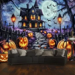 Halloween Haunted House Tapestry – Creepy Spooky Mansion Wall Art Backdrop, Large Hanging Mural Blanket Curtain for Home Bedroom Living Room 2025 Halloween Decoration