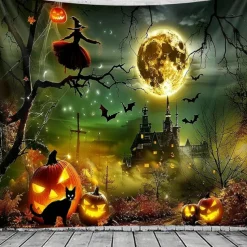 Halloween Haunted House Wall Tapestry – Skeleton and Glowing Jack-o'-Lantern Porch Scene, Spooky Night Sky, Gothic Backdrop for 2025 Halloween Living Room, Bedroom, Party Decoration