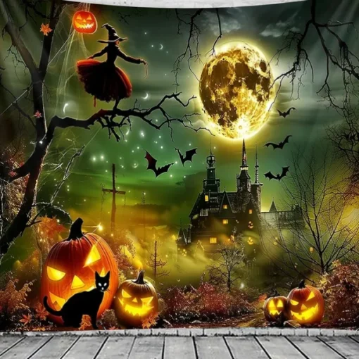 Halloween Haunted House Wall Tapestry – Skeleton and Glowing Jack-o'-Lantern Porch Scene, Spooky Night Sky, Gothic Backdrop for 2025 Halloween Living Room, Bedroom, Party Decoration