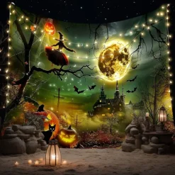 Halloween Haunted House Wall Tapestry – Skeleton and Glowing Jack-o'-Lantern Porch Scene, Spooky Night Sky, Gothic Backdrop for 2025 Halloween Living Room, Bedroom, Party Decoration
