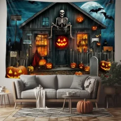 Halloween Haunted House Wall Tapestry – Skeleton and Glowing Jack-o'-Lantern Porch Scene, Spooky Night Sky, Gothic Backdrop for 2025 Halloween Living Room, Bedroom, Party Decoration
