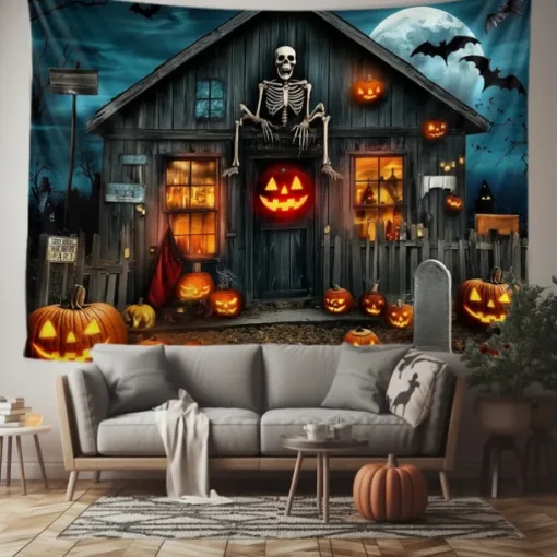 Halloween Haunted House Wall Tapestry – Skeleton and Glowing Jack-o'-Lantern Porch Scene, Spooky Night Sky, Gothic Backdrop for 2025 Halloween Living Room, Bedroom, Party Decoration