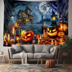 Halloween Haunted House Wall Tapestry – Skeleton and Glowing Jack-o'-Lantern Porch Scene, Spooky Night Sky, Gothic Backdrop for 2025 Halloween Living Room, Bedroom, Party Decoration