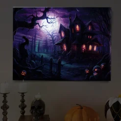 Halloween Haunted Mansion with Moonlight LED Canvas Wall Art - Battery Operated Lighted Wall Decor for 2025 Halloween home decoration light livingroom and bedroom