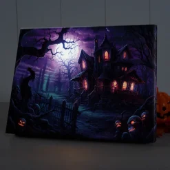 Halloween Haunted Mansion with Moonlight LED Canvas Wall Art - Battery Operated Lighted Wall Decor for 2025 Halloween home decoration light livingroom and bedroom