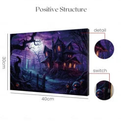 Halloween Haunted Mansion with Moonlight LED Canvas Wall Art - Battery Operated Lighted Wall Decor for 2025 Halloween home decoration light livingroom and bedroom