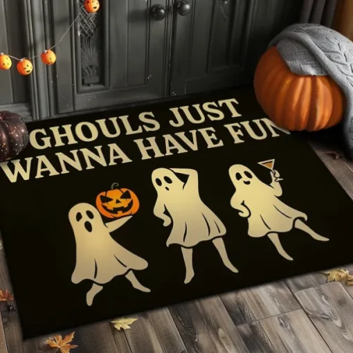 Halloween Indoor Outdoor Doormat Kitchen Mat "Ghouls Just Wanna Have Fun" Funny Ghosts Design, Non-Slip Front Door Mat for Porch, Entryway, Patio, Bedroom, Bathroom and 2025 Halloween Home Decoration
