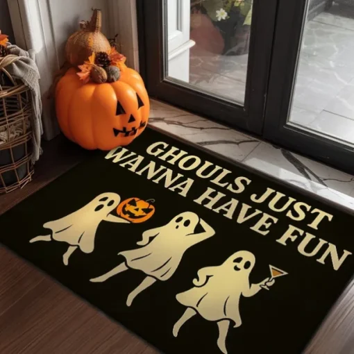 Halloween Indoor Outdoor Doormat Kitchen Mat "Ghouls Just Wanna Have Fun" Funny Ghosts Design, Non-Slip Front Door Mat for Porch, Entryway, Patio, Bedroom, Bathroom and 2025 Halloween Home Decoration