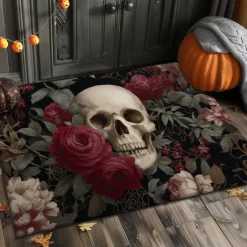 Halloween Indoor Outdoor Doormat Kitchen Mat Fire Skulls Pattern, Non-Slip Front Door Mat for Porch, Entryway, Patio, Bedroom, Bathroom and 2025 Halloween Home Decoration