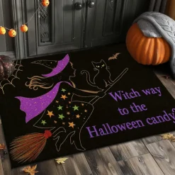 Halloween Indoor Outdoor Doormat Kitchen Mat Purple Witch Hat with Quote, Non-Slip Front Door Mat for Porch, Entryway, Patio, Bedroom, Bathroom and 2025 Halloween Home Decoration