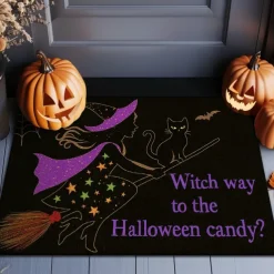 Halloween Indoor Outdoor Doormat Kitchen Mat Purple Witch Hat with Quote, Non-Slip Front Door Mat for Porch, Entryway, Patio, Bedroom, Bathroom and 2025 Halloween Home Decoration
