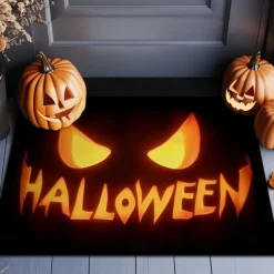 Halloween Indoor Outdoor Doormat Kitchen Mat Glowing Pumpkin Face Design, Non-Slip Front Door Mat for Porch, Entryway, Patio, Bedroom, Bathroom and 2025 Halloween Home Decoration