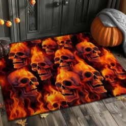 Halloween Indoor Outdoor Doormat Kitchen Mat Fire Skulls Pattern, Non-Slip Front Door Mat for Porch, Entryway, Patio, Bedroom, Bathroom and 2025 Halloween Home Decoration