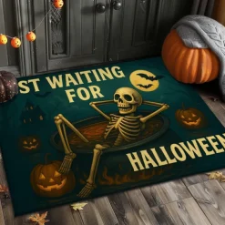 Halloween Indoor Outdoor Doormat Kitchen Mat Funny Skeleton Waiting for Halloween, Non-Slip Front Door Mat for Porch, Entryway, Patio, Bedroom, Bathroom and 2025 Halloween Home Decoration