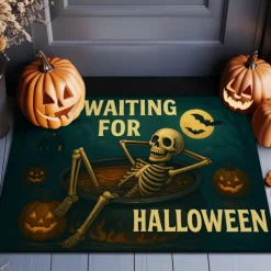 Halloween Indoor Outdoor Doormat Kitchen Mat Funny Skeleton Waiting for Halloween, Non-Slip Front Door Mat for Porch, Entryway, Patio, Bedroom, Bathroom and 2025 Halloween Home Decoration