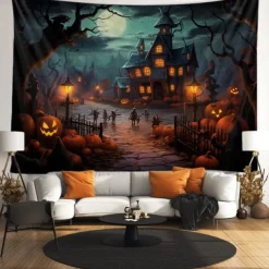 Halloween Jack O Lantern Pumpkin Hanging Tapestry Wall Art Large Tapestry Mural Decor Photograph Backdrop Blanket Curtain Home Bedroom Living Room Creepy Town Mansion House Halloween Decorations