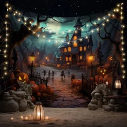 Halloween Jack O Lantern Pumpkin Hanging Tapestry Wall Art Large Tapestry Mural Decor Photograph Backdrop Blanket Curtain Home Bedroom Living Room Creepy Town Mansion House Halloween Decorations