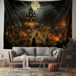 Halloween Jack O Lantern Pumpkin Hanging Tapestry Wall Art Large Tapestry Mural Decor Photograph Backdrop Blanket Curtain Home Bedroom Living Room Creepy Town Mansion House Halloween Decorations