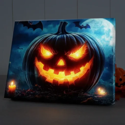 Halloween Jack-o'-Lantern Close-up LED Canvas Wall Art - Battery Operated Lighted Wall Decor for 2025 Halloween home decoration light livingroom and bedroom