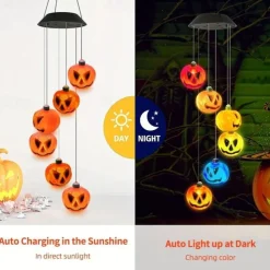 Halloween Lights Solar Wind Chimes Color Changing Jack O Lantern Outdoor Halloween Decorations With 6 Pumpkin Lights, Waterproof Thanksgiving Fall Decor for Tree Door Window Party Yard Decoration