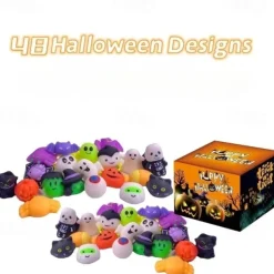 Halloween Mochi Squishy Toys with Gift Box Mini Kawaii Mochi Squeeze Toy Stress Reliever Anxiety Packs for Kids Party Favors Halloween Miniatures Halloween Treat Bags Gifts