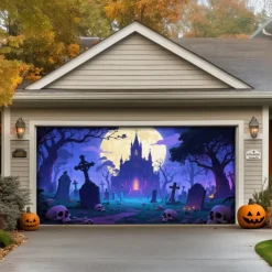 Halloween Outdoor Garage Door Cover Cemetery Skeletons Banner Large Tapestry Backdrop Decoration for Holiday Outdoor Garage Door Home Wall Decorations