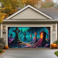 Halloween Outdoor Garage Door Cover Cemetery Skeletons Banner Large Tapestry Backdrop Decoration for Holiday Outdoor Garage Door Home Wall Decorations