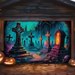 Halloween Outdoor Garage Door Cover Cemetery Skeletons Banner Large Tapestry Backdrop Decoration for Holiday Outdoor Garage Door Home Wall Decorations