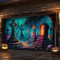 Halloween Outdoor Garage Door Cover Cemetery Skeletons Banner Large Tapestry Backdrop Decoration for Holiday Outdoor Garage Door Home Wall Decorations