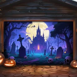 Halloween Outdoor Garage Door Cover Cemetery Skeletons Banner Large Tapestry Backdrop Decoration for Holiday Outdoor Garage Door Home Wall Decorations