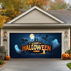 Halloween Outdoor Garage Door Cover Pumpkin Skeletons Banner Large Tapestry Backdrop Decoration for Holiday Outdoor Garage Door Home Wall Decorations